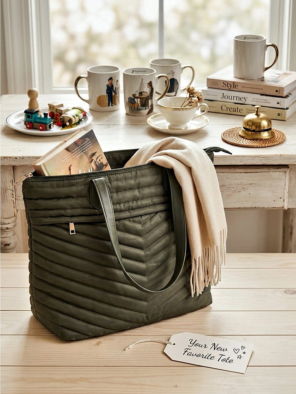 Quilted Tote in Green Like New